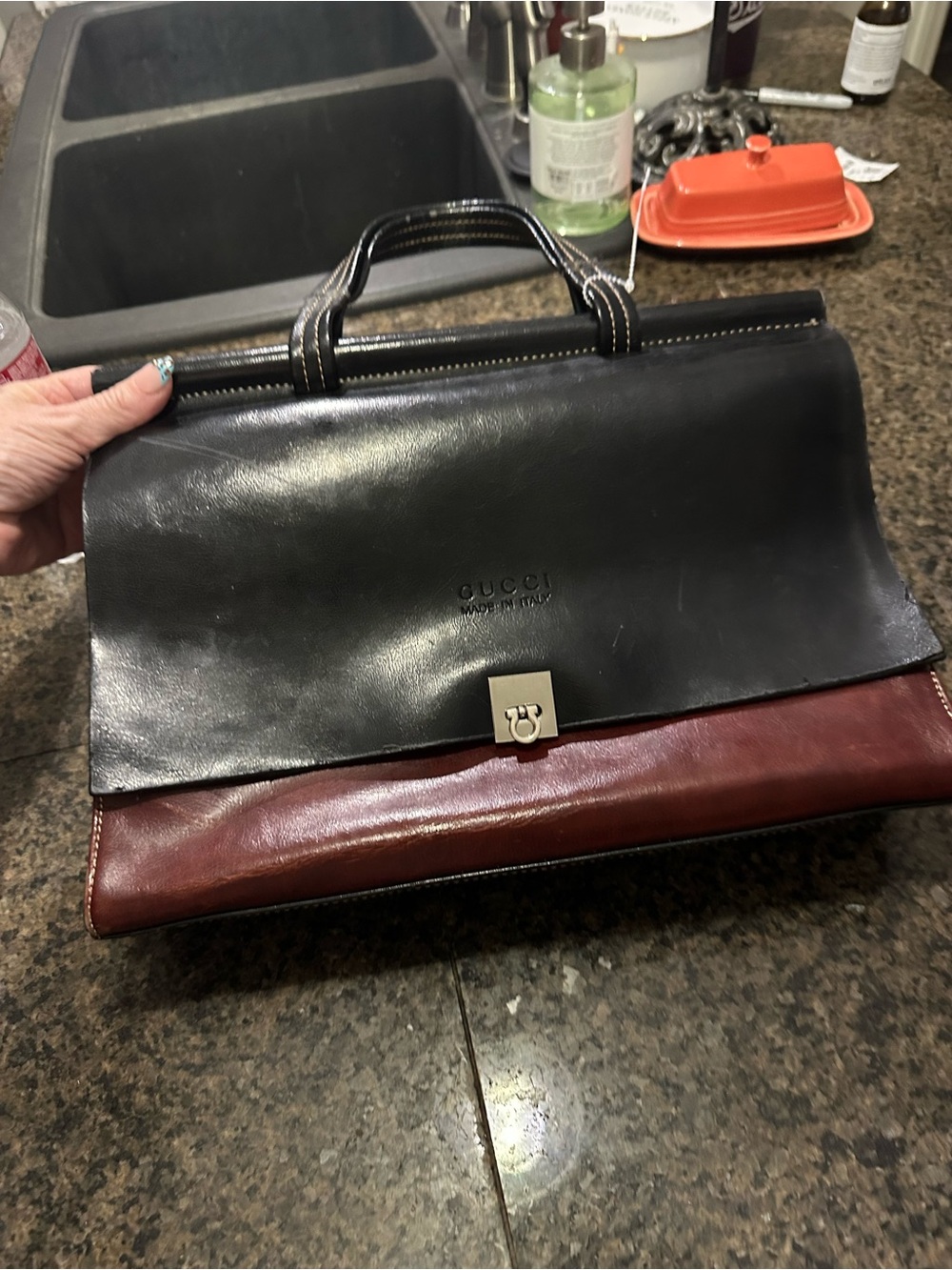 Gucci Two-Tone Leather Briefcase in Black and Burgundy